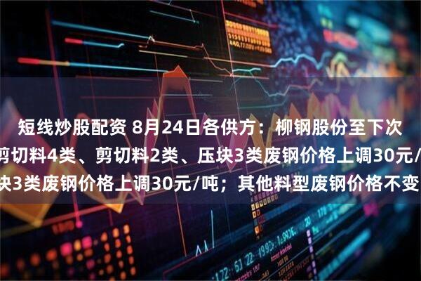 短线炒股配资 8月24日各供方：柳钢股份至下次调价止：剪切料6类、剪切料4类、剪切料2类、压块3类废钢价格上调30元/吨；其他料型废钢价格不变。